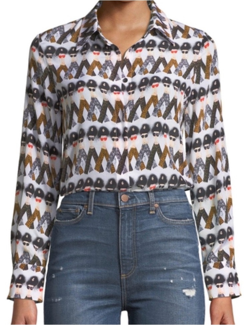 Alice + Olivia White Geometric & Face Print Button-Down Blouse